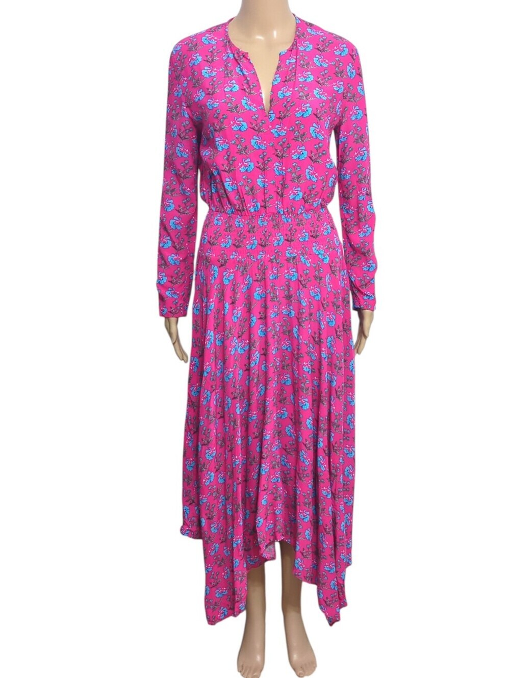 Maje Rayina Floral Asymmetrical Midi Dress Pink Romantic Resort Size S - Picture 2 of 8